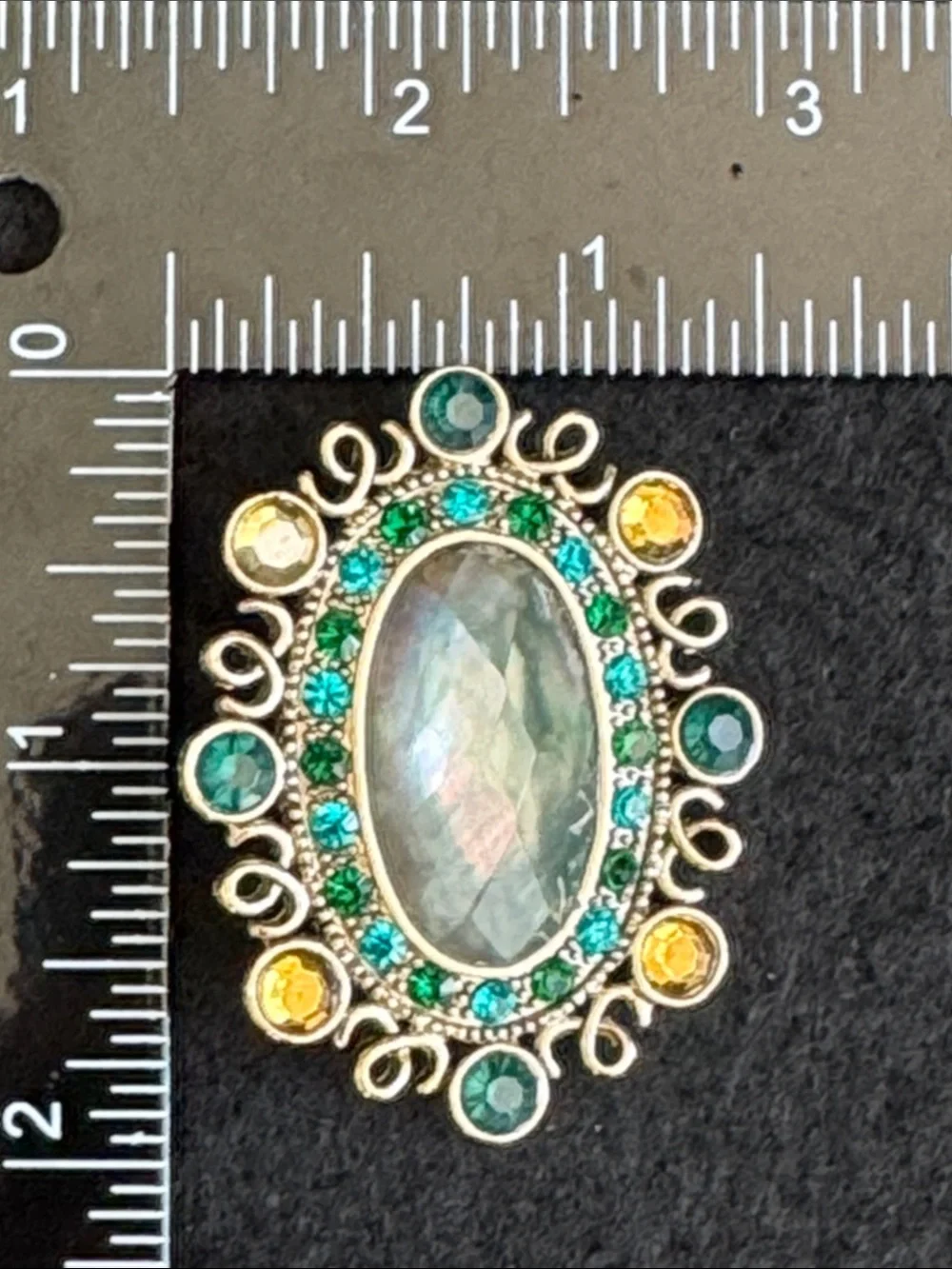 VTG Signed Monet Oval Brooch Pin Gold Tone Faux Labradorite Rhinestone - Picture 5 of 5